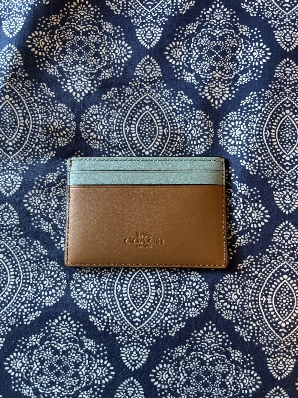Coach Brown Leather Card Holder with Light Blue Top Slots